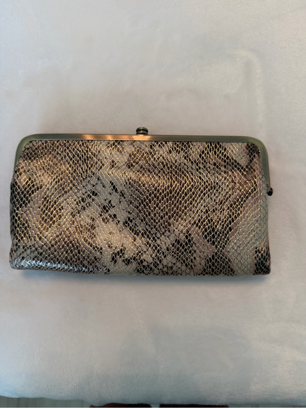 HOBO International Lauren Double Frame Clutch Wallet Metallic Snake Print Leathe
